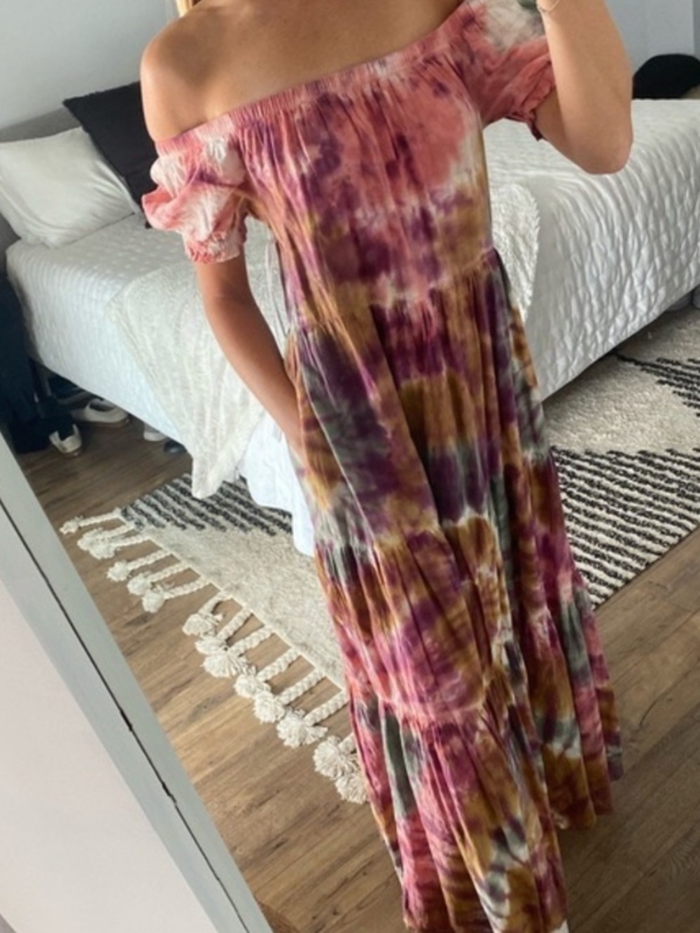 YFB Young Fabulous & Broke Sunny Tiered Off The Shoulder Tie Dye Boho Maxi Dress